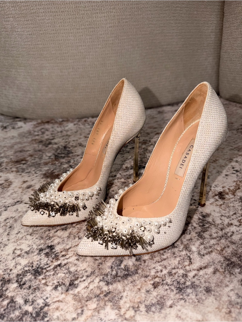 Bridal Casadei Blade pumps in a beautiful ivory-champagne metallic finish